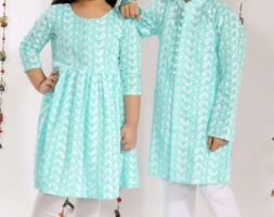 Siblings Matching Dress Online Family Dress Set White Aquamarine MHJ-SBMD-1069