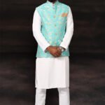 Modi Jacket Kurta Pajama set White Cyan KLPMJKT-12002
