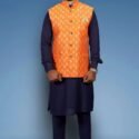 Modi Jacket Kurta Pajama set Navy Blue Orange KLPMJKT-12012