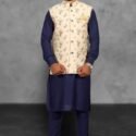 Modi Jacket Kurta Pajama set Navy Blue Cream KLPMJKT-12014