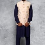 Modi Jacket Kurta Pajama set Navy Blue Peach KLPMJKT-12018
