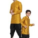 Father and Son Matching Dress Online Plus Size Dhoti Kurta Combo Dress Mustard Black MHJ-FSMD-1021