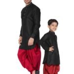 Father and Son Matching Dress Online Plus Size Dhoti Kurta Combo Dress Black Maroon MHJ-FSMD-1022