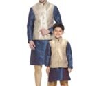 Father and Son Matching Dress Online Plus Size Modi Jacket Combo Dress Blue Gold MHJ-FSMD-1032