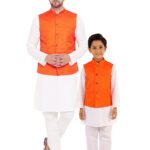 Father and Son Matching Dress Online Nehru Jacket Combo Dress White Orange MHJ-FSMD-1037