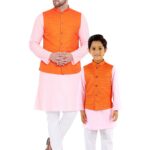 Father and Son Matching Dress Online Nehru Jacket Combo Dress Pink Orange MHJ-FSMD-1043
