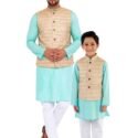 Father and Son Matching Dress Online Nehru Jacket Combo Dress Turquoise Beige MHJ-FSMD-1047