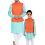 Father and Son Matching Dress Online Nehru Jacket Combo Dress Turquoise Orange MHJ-FSMD-1048