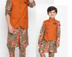 Father and Son Matching Dress Online Plus Size Floral Kurta Pajama Jacket Combo Dress Green Orange MHJ-FSMD-1125