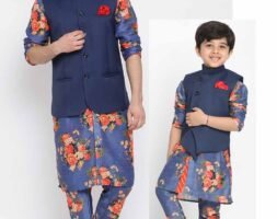 Father and Son Matching Dress Online Plus Size Floral Kurta Pajama Jacket Combo Dress Blue MHJ-FSMD-1126