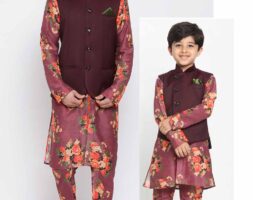 Father and Son Matching Dress Online Plus Size Floral Kurta Pajama Jacket Combo Dress Purple Maroon MHJ-FSMD-1127