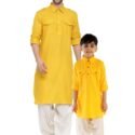 Father and Son Matching Dress Online Plus Size Pathani Suit Combo Dress Yellow MHJ-FSMD-1013