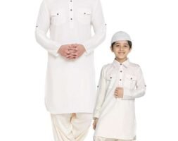 Father and Son Matching Dress Online Plus Size Pathani Kurta Patiala Combo Dress Cream MHJ-FSMD-1019