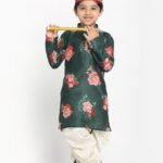 Lord Krishna Dress for Boys Kurta Dhoti dark Green Cream MHJ-BYKR-1076B