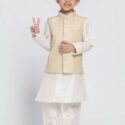 Boy Baby 1st Birthday Dress Boys Kurta Pajama Jacket Set Beige Cream MHJ-BYKR-1109