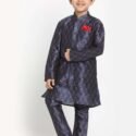 Boy Baby 1st Birthday Dress Boys Kurta Pajama Jacket Set Beige Navy Blue MHJ-BYKR-1111