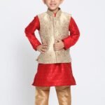 Boy Baby 1st Birthday Dress Boys Kurta Pajama Jacket Set Red Gold MHJ-BYKR-1114