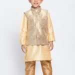 Boy Baby 1st Birthday Dress Boys Kurta Pajama Jacket SetCream Gold MHJ-BYKR-1115