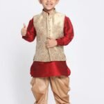 Boys Kurta Pajama Jacket Set Boy Baby 1st Birthday Dress Maroon Gold MHJ-BYKR-1117