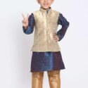 Boy Baby 1st Birthday Dress Boys Kurta Pajama Jacket Set Blue Gold MHJ-BYKR-1118