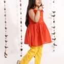 Girl Dress Online Girls Casual Wear Kurta Pant Set Orange Yellow MHJ-GLDR-1070G