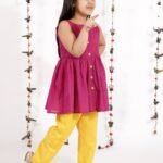 Girl Dress Online Girls Casual Wear Kurta Pant Set Purple Yellow MHJ-GLDR-1071G