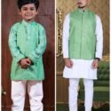 Father and Son Matching Dress Online Family Dress White Light Green RDKS-FSMD-227