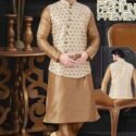 Modi Jacket for Men Kurta Pajama Jacket Set Customized Plus Size Dresses for Men Gold Cream RKL-MD-RBZ14-1406