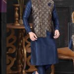 Modi Jacket for Men Kurta Pajama Jacket Set Customized Plus Size Dresses for Men Navy Blue RKL-MD-RBZ14-1408