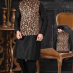 Modi Jacket for Men Kurta Pajama Jacket Set Customized Plus Size Dresses for Men Black Multicolor RKL-MD-RBZ14-1412