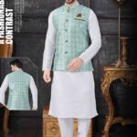 Modi Jacket for Men Kurta Pajama Jacket Set Customized Plus Size Dresses for Men White Teal Blue RKL-MD-RBZ14-1413