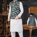 Modi Jacket for Men Kurta Pajama Jacket Set Customized Plus Size Dresses for Men White Green RKL-MD-RBZ14-1414
