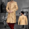 Sherwani for Men Wedding Plus Size Dresses Online Gold Maroon RLKSH-SHWR-723-124032