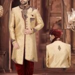 Sherwani for Men Wedding Plus Size Dresses Online Gold Maroon RLKSH-SHWR-723-124035