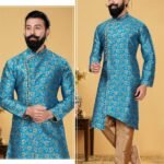 Indo Western Dress For Men Plus Size Dresses Online Sky Blue Gold RKL-KRPJM-RT9908-116034