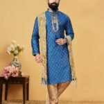 Men Kurta Pajama Customized Plus Size Dresses for Men Blue Gold RKL-KRPJM-RT9909-116050