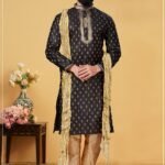 Men Kurta Pajama Customized Plus Size Dresses for Men Black Gold RKL-KRPJM-RT9909-116053