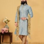 Men Kurta Pajama Customized Plus Size Dresses for Men Light Blue Gold RKL-KRPJM-RT9909-116055