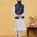 Modi Jacket for Men Kurta Pajama Jacket Set Customized Plus Size Dresses for Men White Navy Blue RKL-MJT-9910-116066
