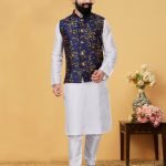 Modi Jacket for Men Kurta Pajama Jacket Set Customized Plus Size Dresses for Men White Navy Blue RKL-MJT-9910-116069