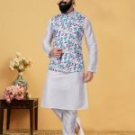 Modi Jacket for Men Kurta Pajama Jacket Set Customized Plus Size Dresses for Men White Multicolor RKL-MJT-9910-116071