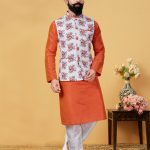 Modi Jacket for Men Kurta Pajama Jacket Set Customized Plus Size Dresses for Men Orange White RKL-MJT-9910-116073
