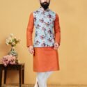 Modi Jacket for Men Kurta Pajama Jacket Set Customized Plus Size Dresses for Men Orange Multicolor RKL-MJT-9910-116074