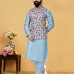 Modi Jacket for Men Kurta Pajama Jacket Set Customized Plus Size Dresses for Men Light blue Multicolor RKL-MJT-9910-116077