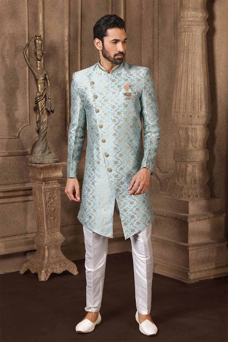 Shop Blue Bell Jacquard Silk Indowestern Sherwani Wedding Wear Online at  Best Price | Cbazaar