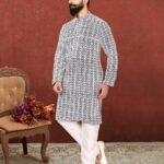 Men Kurta Pajama Customized Plus Size Dresses for Men Black & White KLP-KUR-1307-206