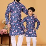 Father and Son Matching Dress Kurta Pyjama Family Dress Floral Blue Grey RKL-2754-141729