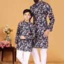 Father and Son Matching Dress Kurta Pyjama Family Dress Floral Black RKL-2754-141730