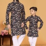 Father and Son Matching Dress Kurta Pyjama Family Dress Floral Black RKL-2754-141734