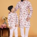 Father and Son Matching Dress Kurta Pyjama Family Dress Floral Grey Rose RKL-2754-141738